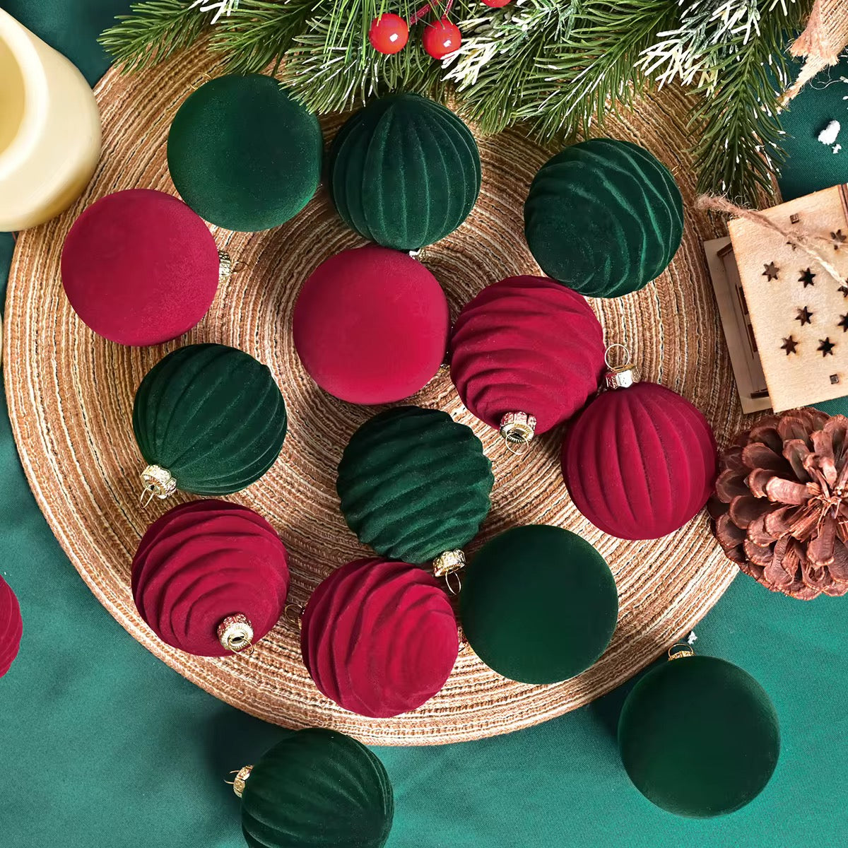 Christmas Balls Red & Green Velvet  | 12 pcs
